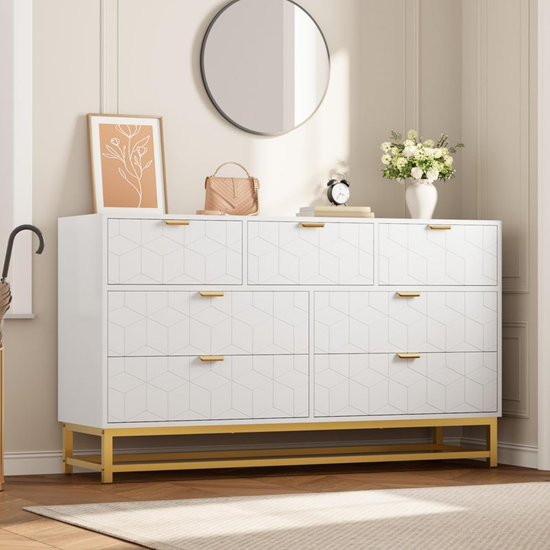 53.5" Dresser for Bedroom, 7 Drawer with Golden Metal Handle and Legs for Closet, Hallway, Living Room, Entryway, White
