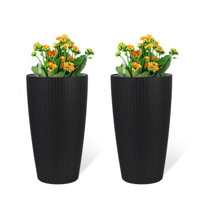 Set of 2 Faux Rattan Tall Planters Outdoor Indoor Large Planters with Water Level Monitor Inner Bucket, Automatic Watering, Flower Plant Pots for Garden, Patio, Porch, Backyard (22 inch )