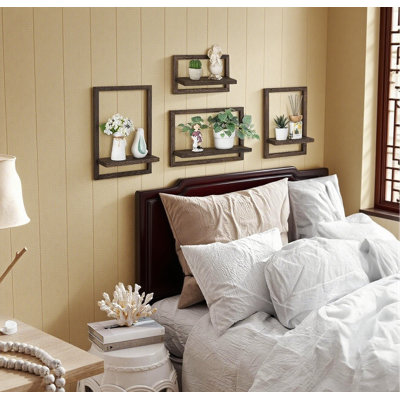 Rustic Floating Wall Shelves Set Of 4 - Farmhouse Wooden Shelves With Photo Frame Design, Hidden Bracket Hanging System For Living Room, Bedroom, Bathroom Decor