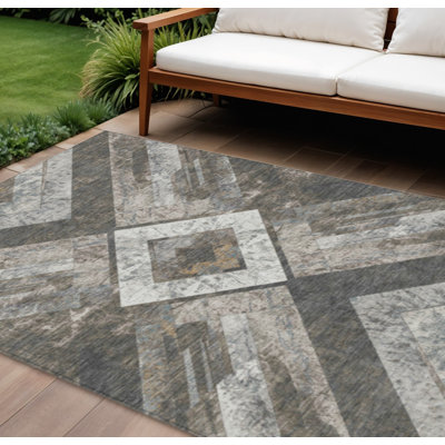 8' X 10' Brown And Gray Geometric Washable Indoor Outdoor Area Rug
