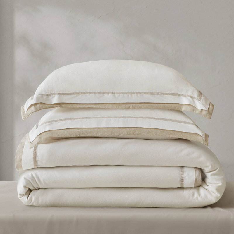 Premium King/cal King Linen Bedding Sets With Modern Double Flange Trim