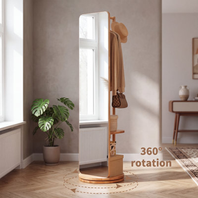 Solid Wood Full Length Mirror with Coat Rack,360° Rotating Freestanding Dressing Mirror with Hooks and Storage Shelves for Bedroom, Entryway