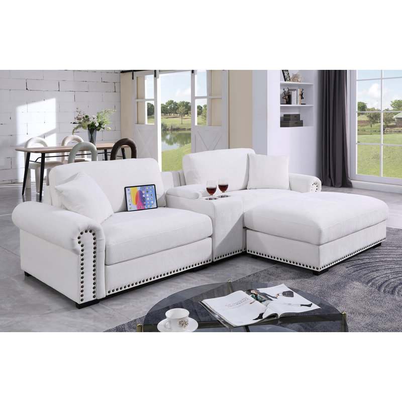 Oversized 4-Piece Modular Sofa Chenille Cloud Couch, Console with Storage and Cup Holders, White