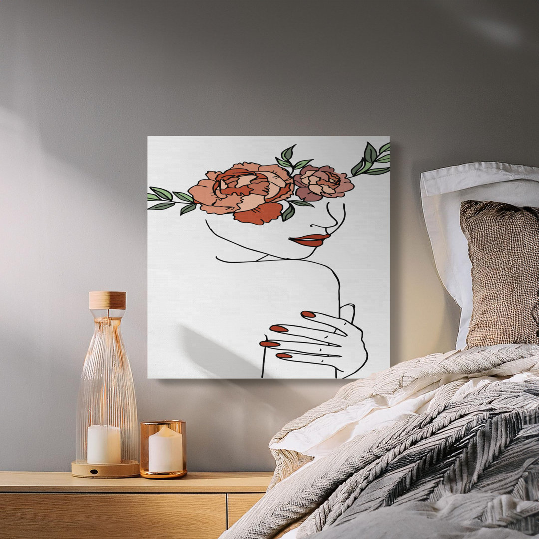 Minimalist Woman Line Art Floral Canvas Print, Modern Botanical Feminine Wall Art, Abstract Peony Decor Aesthetic Gift