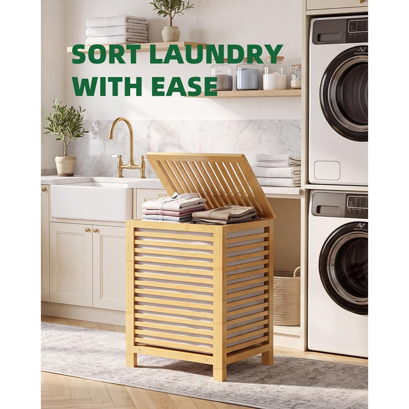 Panier à linge double avec couvercle, trieur de vêtements en bambou avec sac intérieur amovible et séparateur à deux compartiments, naturel