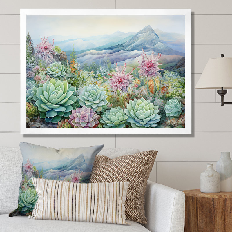 «Green Succulent Desert Charm», reproduction sur toile, Cadre simple blanc, H 16 po x l 32 po x P 1 po