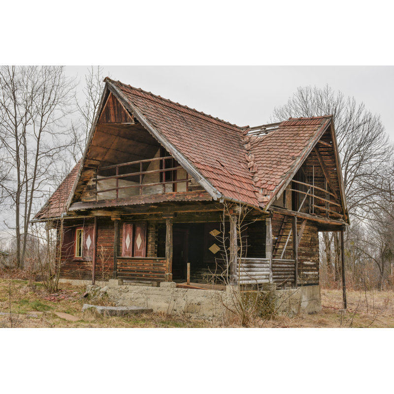 Old Rural Abandoned Wooden Collapsing House Against Cloudy Sky In Autumn Season - Wrapped Canvas Print