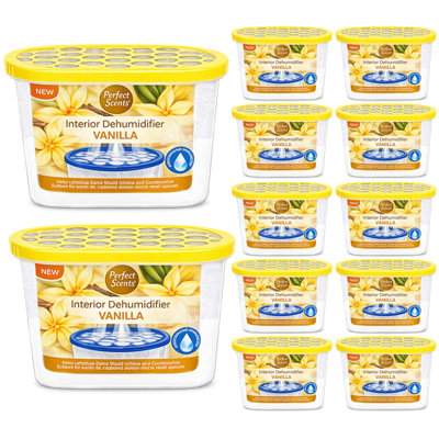Home Moisture Absorber Vanilla Dehumidifier Tub Damp Condensation Mould Odour Control For Bedroom Bathroom Kitchen Wardrobe Basement (Pack Of 12)
