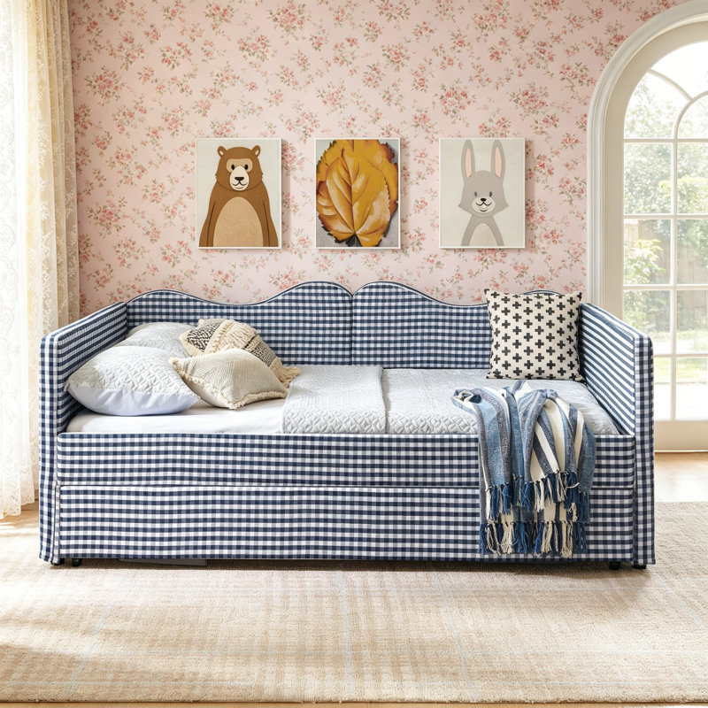Lit de jour double, lit de jour rembourré en vichy équipé d'un cadre de lit gigogne escamotable et d'une poche de rangement latérale, canapé-lit multifonctionnel en bois massif pour chambre d'enfant et chambre d'amis - bleu