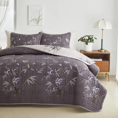 Quilt Set 3 Pieces Full/Queen Size B Leaves Botanical Design Reversible Bedspread Coverlet Set Soft Microfiber Light Bed Cover For All Season 1 Quilt 2 Pillow Shams