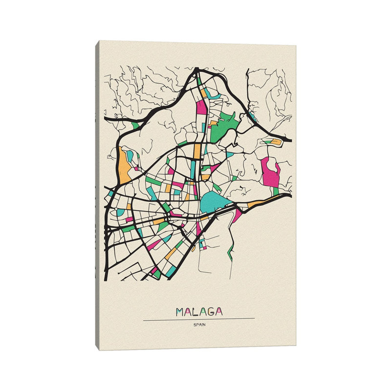 Malaga, Spain Map by Ayse Deniz Akerman - Wrapped Canvas Print, 20.32 cm H x 30.48 cm W