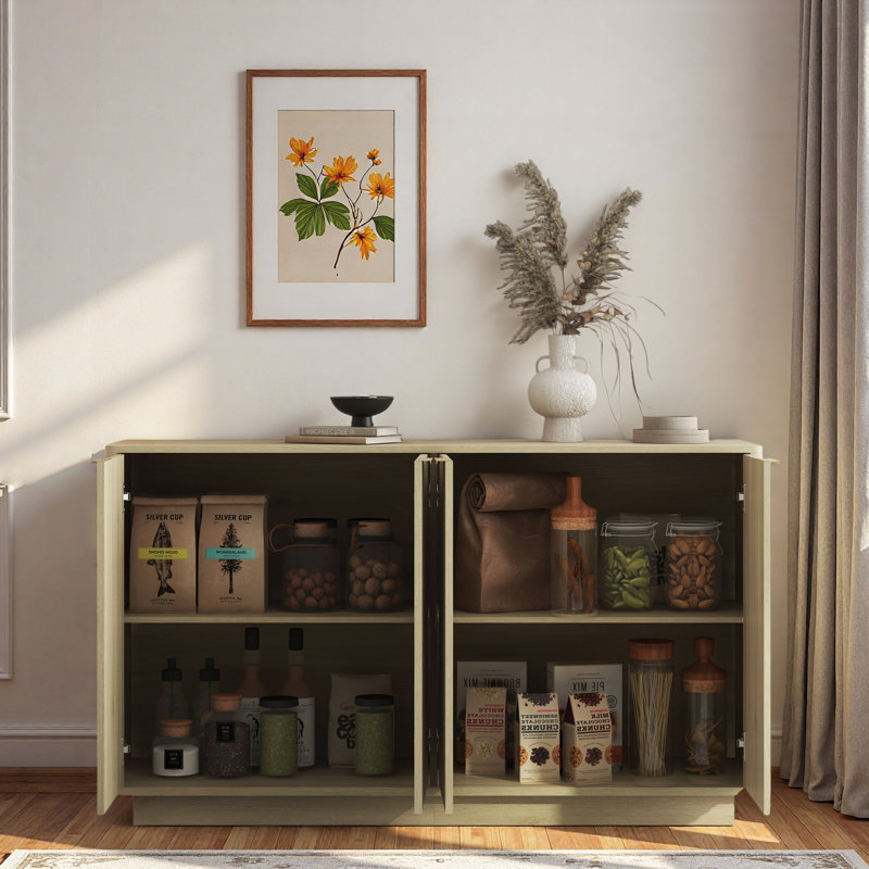 Modern Fluted Sideboard With Adjustable Shelves And Metal Handles, Natural