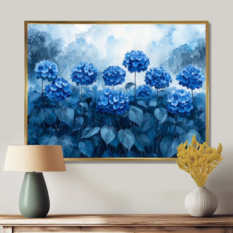 Jabel hortensias dans une tempête d'été - hydrangées, art mural, H 30 po x l 40 po, Picture Framed, Doré
