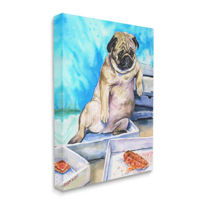 «Chubby Pug Dog with Pizza Boxes Pet Portrait» par George Dyachenko - peinture sur toile