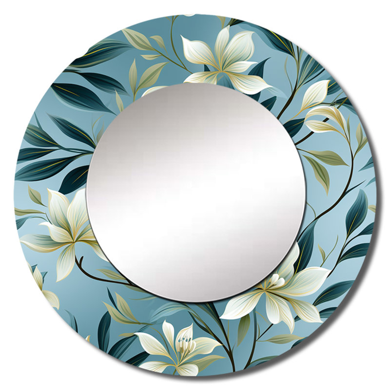 Motif botanique de feuillage océanique - miroir mural décoratif tropical, miroir rond vert, impression d'art en métal