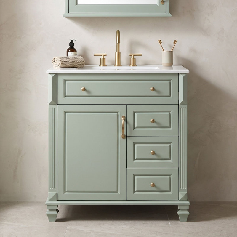 Meuble-lavabo de salle de bain avec comptoir en céramique, 3 tiroirs de rangement, tablette réglable et supports de porte