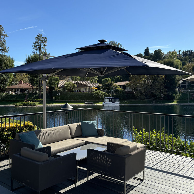 Parasol en porte-à-faux carré 108 po avec base en tôle d'acier, bleu marine, Bleu marine