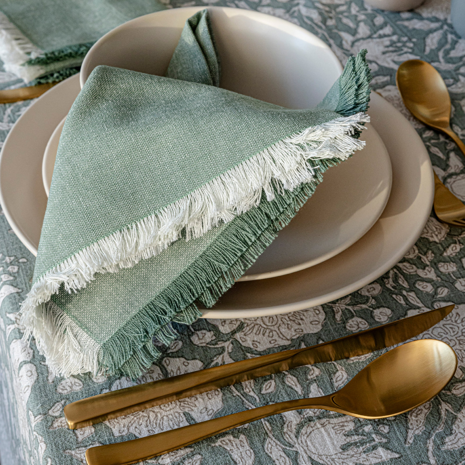 Woven Frayed Chambray Reversible Napkin, Green