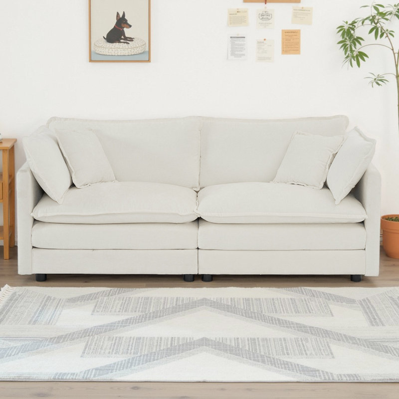 Canapé-lit moderne en chenille pour 2 places avec 4 coussins, siège profond et options de combinaison flexibles, Blanc