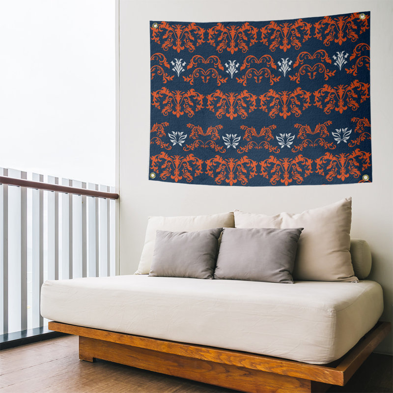 Tapisserie baroque polyester polyester Denver, H 26 po x l 36 po, Bleu marine / orange / blanc