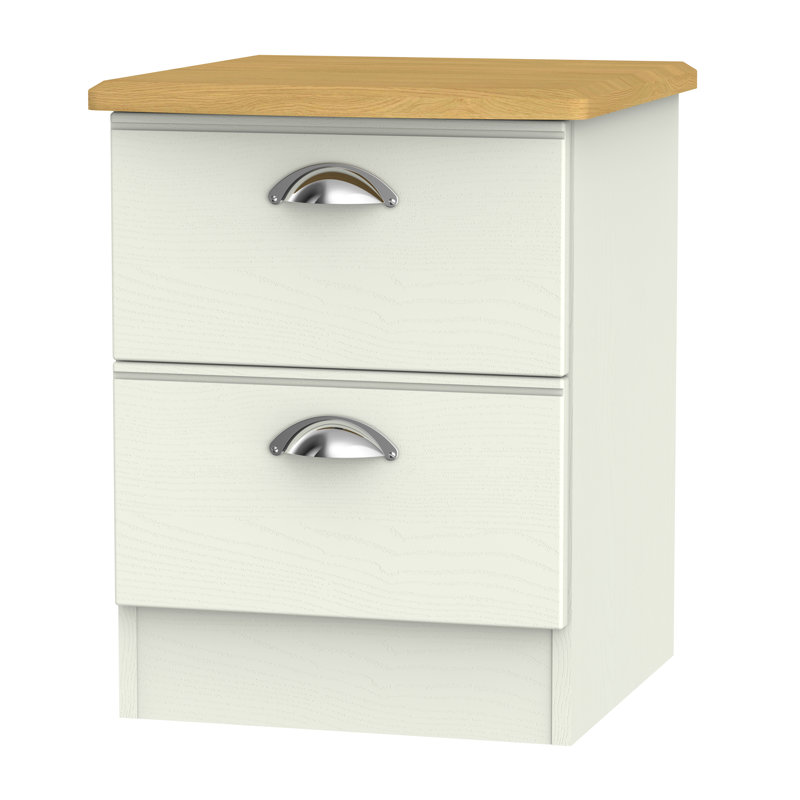 Fully Assembled Murier 2 Drawer Bedside Table, Cream Ash/Riviera Oak