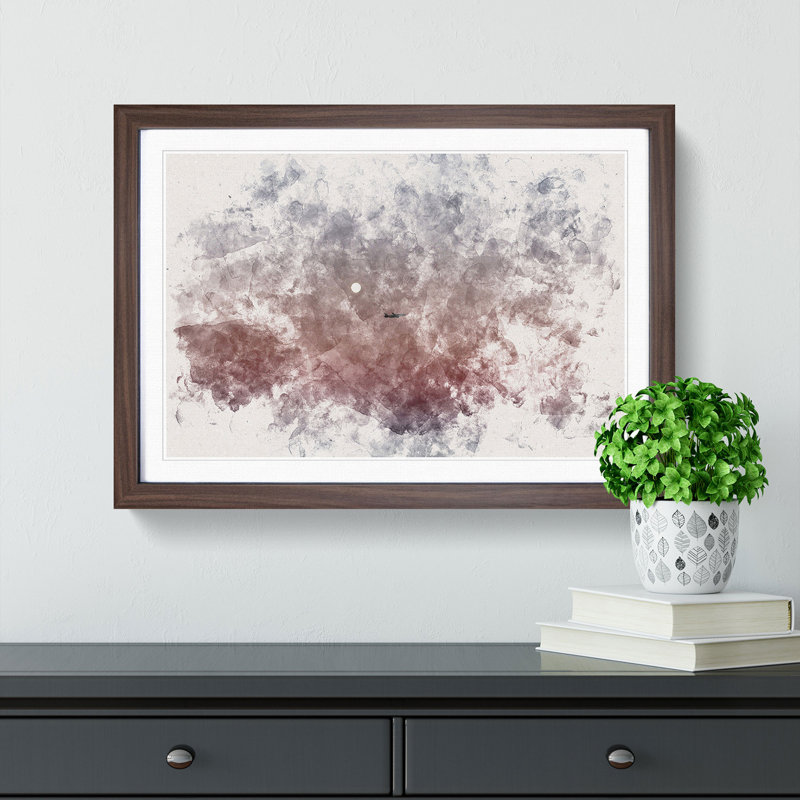 Airplane Passing The Moon Watercolour - Single Picture Frame Print on MDF, 62cm H x 87cm W x 2cm D, Walnut Framed