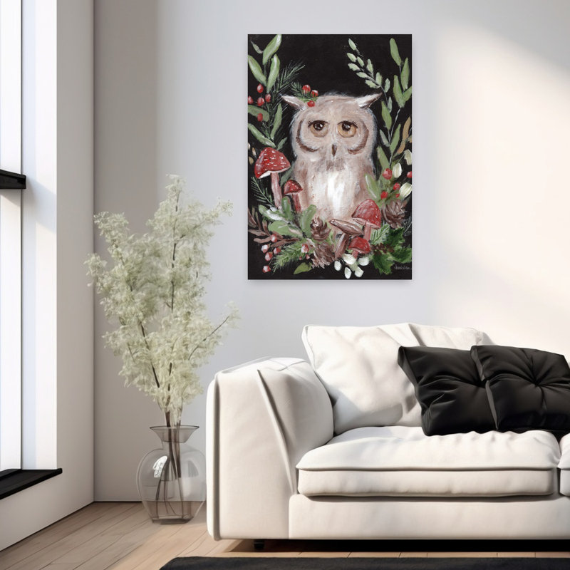Hibou de Noël et champignons, H 36 po x l 24 po
