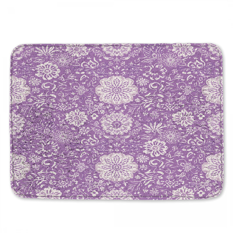 Purple Floral Pattern Bath Mat, 34in W x 21in L