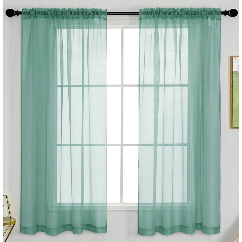 Sheer Window Rod Pocket Curtain Set - 63" Inches Long (2 Panels), Teal