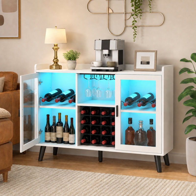 Buffet l 47 po avec support à vin à DEL, tablettes de rangement ouvertes et structure en métal, Noyer