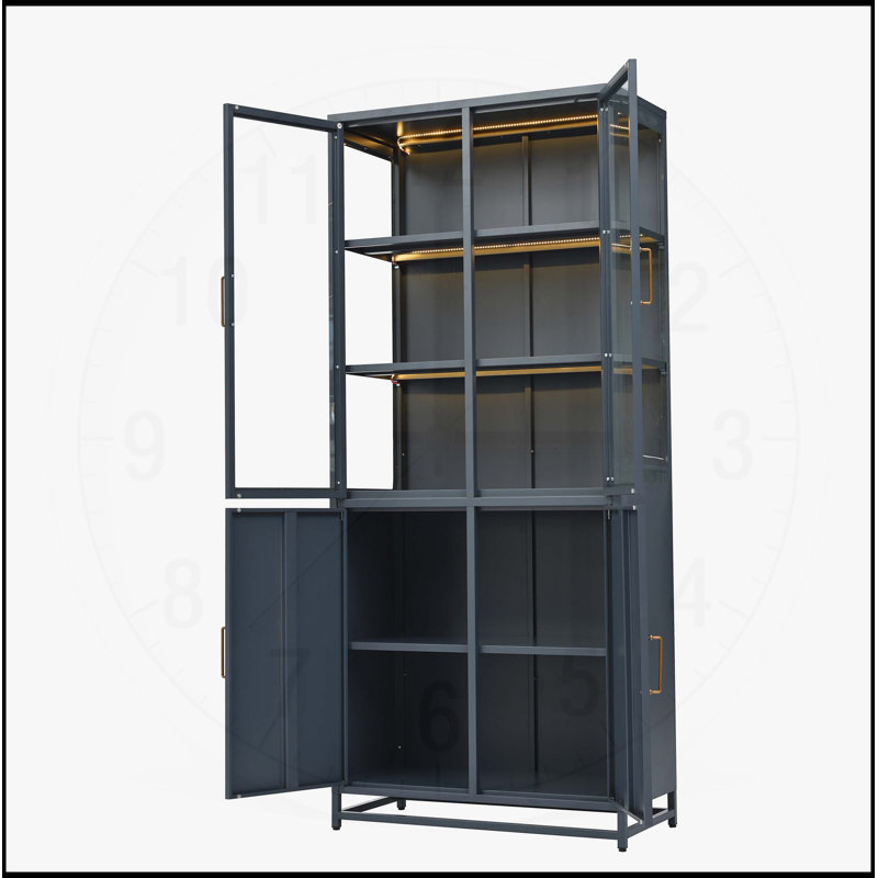 76.75" Tall Display Cabinet with Glass Doors and LED Lights, Steel Curio Cabinet for Hallways, Livingroom, Kitchen, and Office 