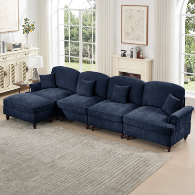 Comfy Four - Seat Blue Chenille Couch With Curved , Spindle Legs, And Detachable Ruffles For A Relaxed Atmosphere Modular Flower Shaped Flared Arms, Movable Living Rooms