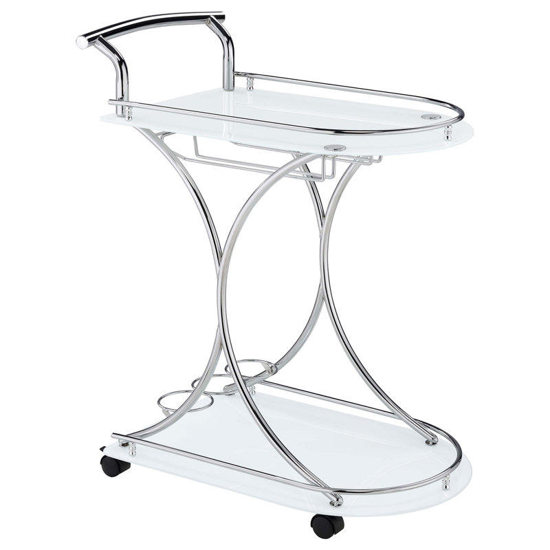 Chariot-bar en verre blanc et chrome à 2 niveaux