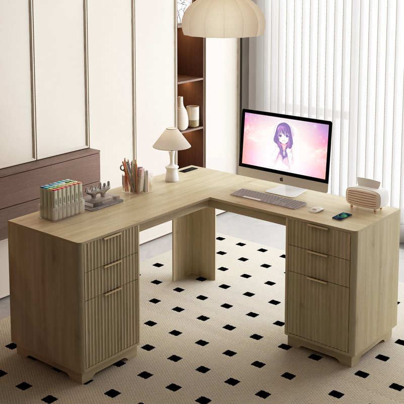 Bureau de direction en L avec prise de courant, Naturel