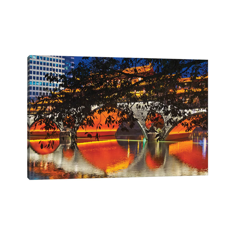 Night View Of Anshun Bridge With Reflection In Jin River, Chengdu, Sichuan Province, China by Keren Su - Wrapped Canvas Print