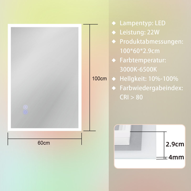 Bathroom mirror round touch with lighting dimmable 3000K-6500K wall mirror, 60 cm H x 100 cm W