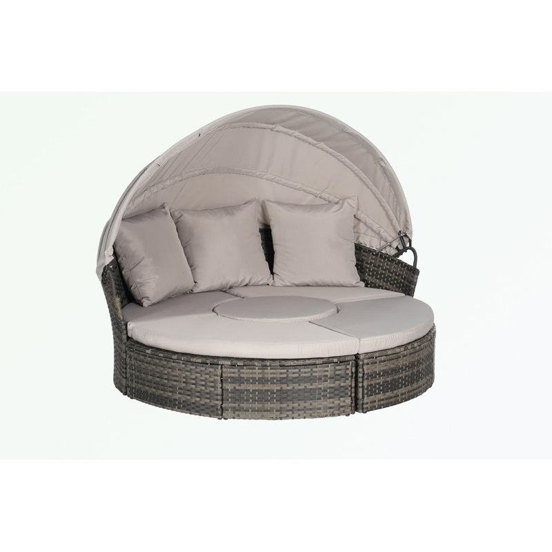 Outdoor Patio Round Daybed with Retractable Canopy and Storable Table, Light Gray