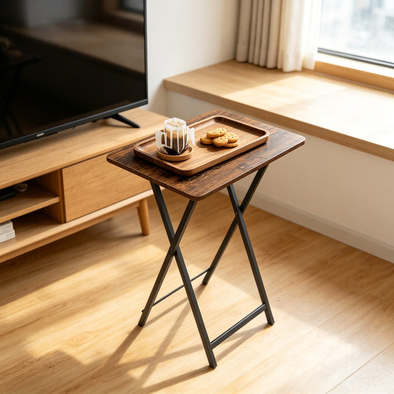 Ensemble de 4 tables pliantes avec support, tables de salle à manger portatives peu encombrantes, cadre en métal brun et noir rustique, assemblage facile, robuste et durable pour les collations, les ordinateurs portables et plus encore