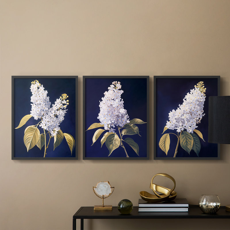Étude florale série LX III - ensemble de 3 estampes numériques encadrées - prêt à être accroché, Cadre noir