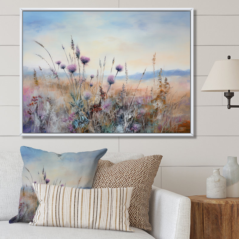 «Mauve chardon champ», impression sur toile, H 30 po x l 40 po x P 1,5 po, Cadre flottant blanc