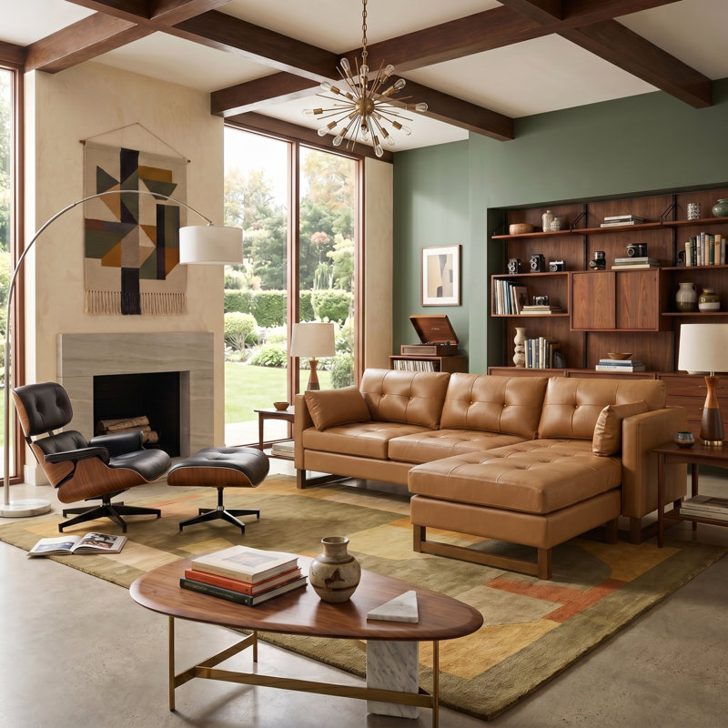 Canapé modulaire réversible Mid-Century en cuir véritable L 101 po Amando, Cuir véritable chameau