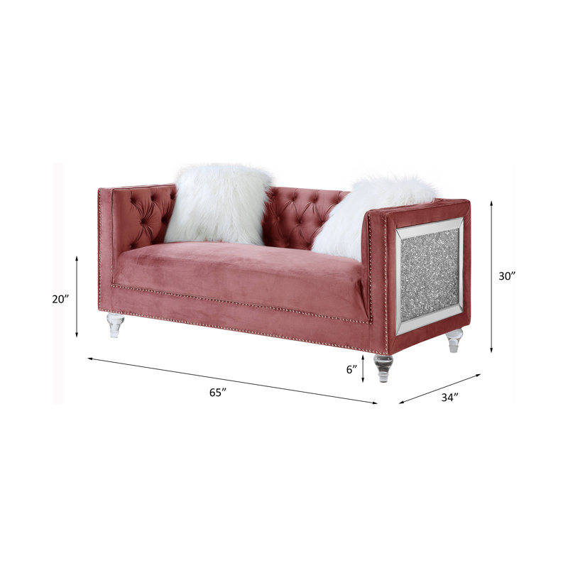 Causeuse Addiel avec 2 coussins en velours gris, Velours rose
