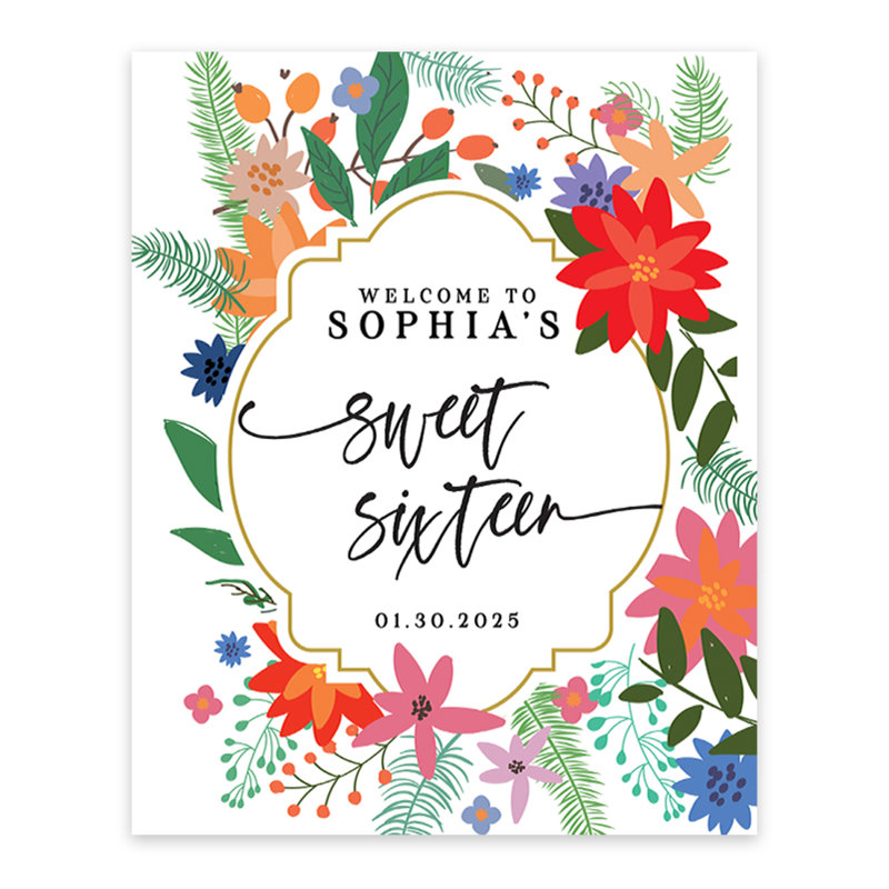 Grande enseigne de bienvenue sur mesure Sweet 16, fleurs abstraites colorées, affiche sur toile pour décoration de fête, paq. 1