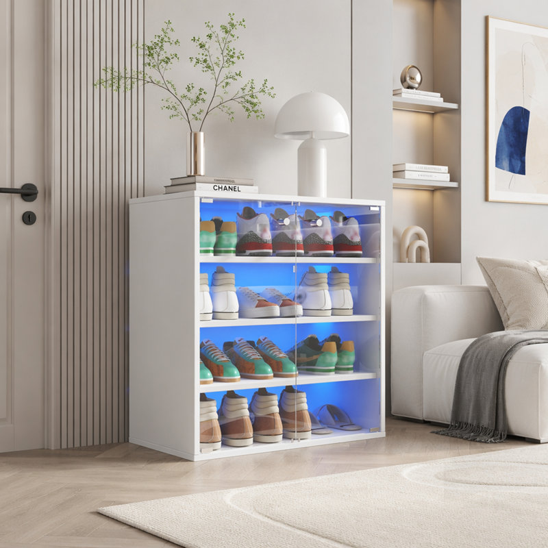 Boîte à chaussures avec lumière DEL RVB, rangement pour chaussures empilable en bois avec porte en verre