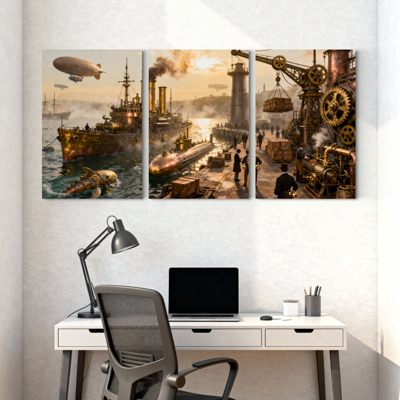Fantasy & Sci-Fi Steampunk Harbor avec dirigeables et bateaux à vapeur, ensemble de 3 impressions sur toile