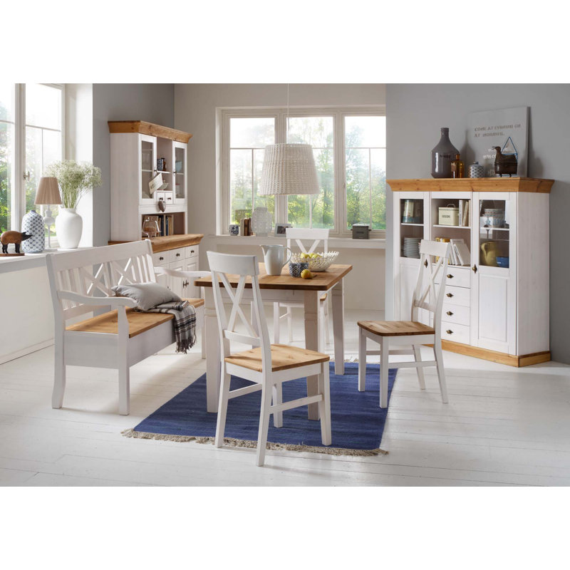 Kelly Pine Solid Wood Top Metal Base Dining Table, Stained and varnished white/Brown