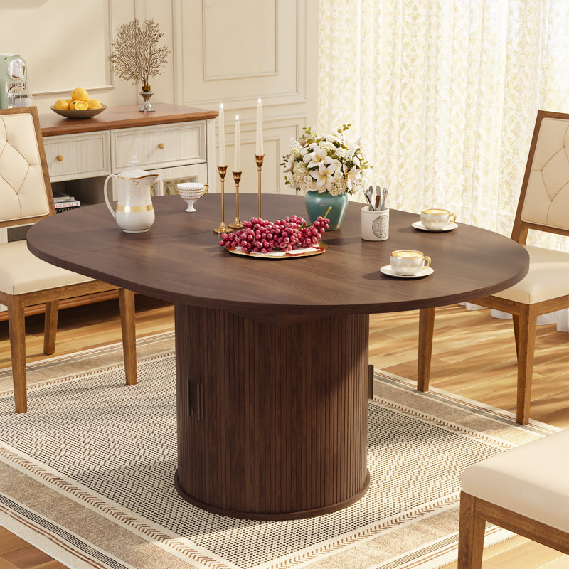 47''-63'' Extendable Kitchen Table for 6-8,Oval Dining Room Table With Storage Base,Mid Century Modern Pedestal Dinner Table