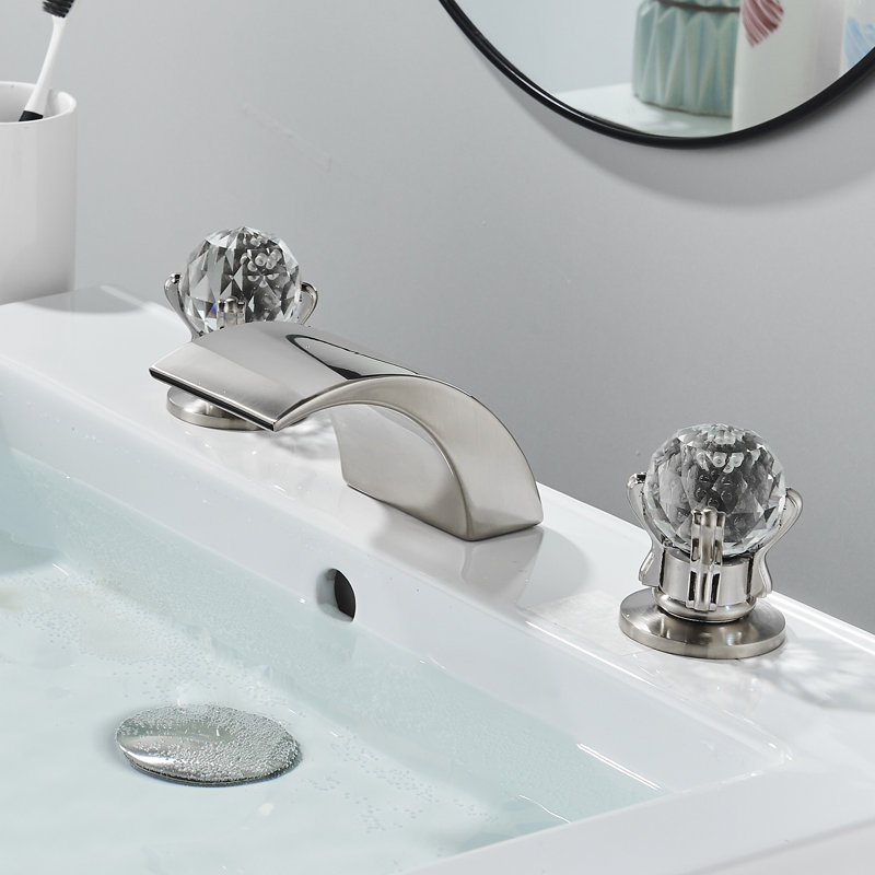 LED Light Bathroom Sink Faucet 3 Holes, 8 Inch Waterfall Faucets with Dual Crystal Handles Basin Mixer Tap, Widely Waterfall Spout 3 Color Changing Vanity Faucets with Supply Hose