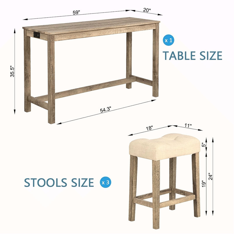 4 Piece Bar Table Set With Power Outlet,Bar Table Set With Chairs,Sofa Bar Table With Stools,Behind Couch Table With 3 Padded Stools,For Living Room,Dining Room