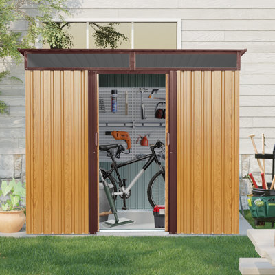 Abri de jardin en métal de 2,44 m x 1,83 m avec portes coulissantes, couleur café. Grand espace de rangement pour outils. Résistant aux intempéries. Idéal pour l'organisation du jardin et de la pelouse. Structure d'abri de jardin de 2,44 m x 1,83 m. Panneau transparent. Pratique.